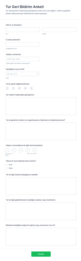 Tur Geri Bildirim Anketi Form Şablonu