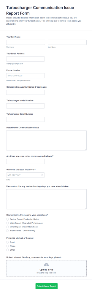 Turbocharger Communication Issue Report Form Template