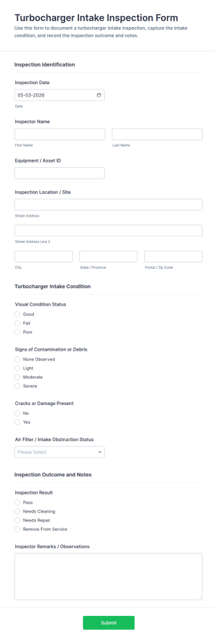 Turbocharger Intake Inspection Form Template