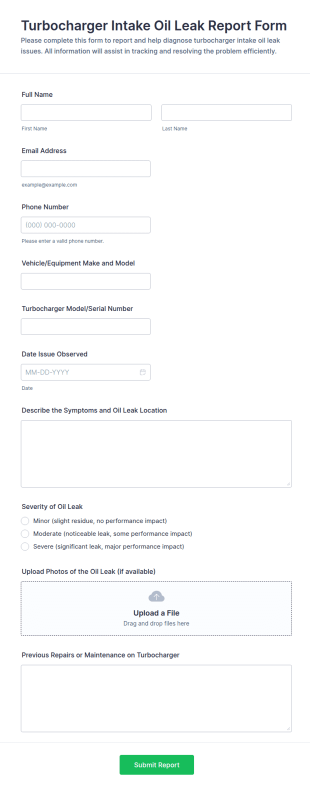 Turbocharger Intake Oil Leak Report Form Template