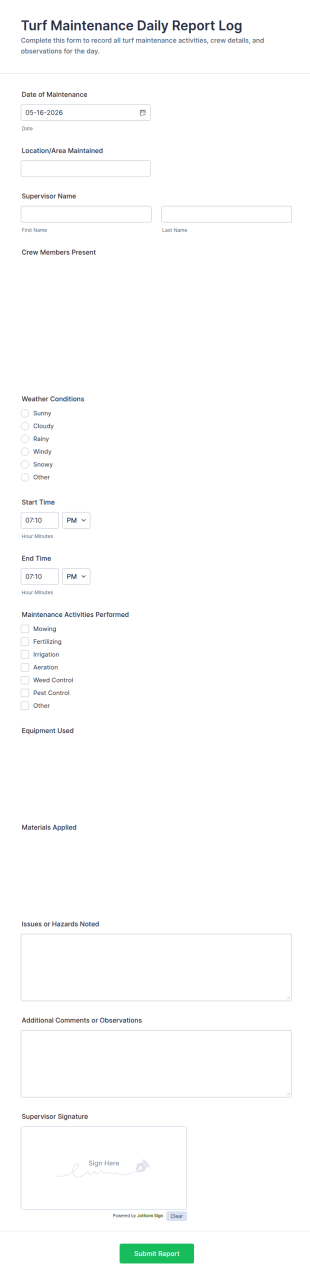 Turf Maintenance Daily Report Log Form Template