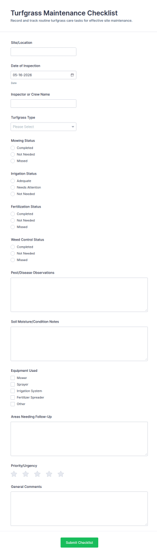 Turfgrass Maintenance Checklist Form Template