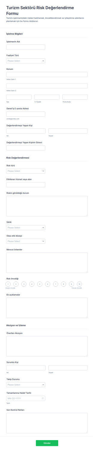 Turizm Sektörü Risk Değerlendirme Form Şablonu