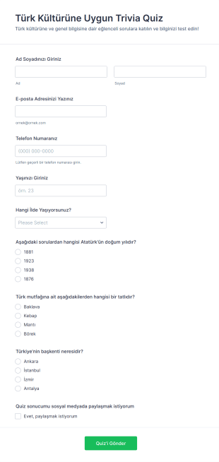 Türk Kültürüne Uygun Trivia Quiz Form Template