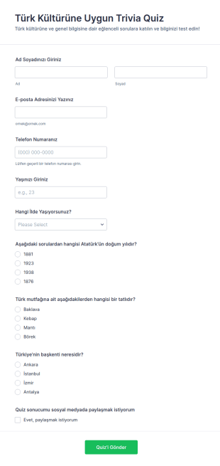 Türk Kültürüne Uygun Trivia Quiz Form Şablonu