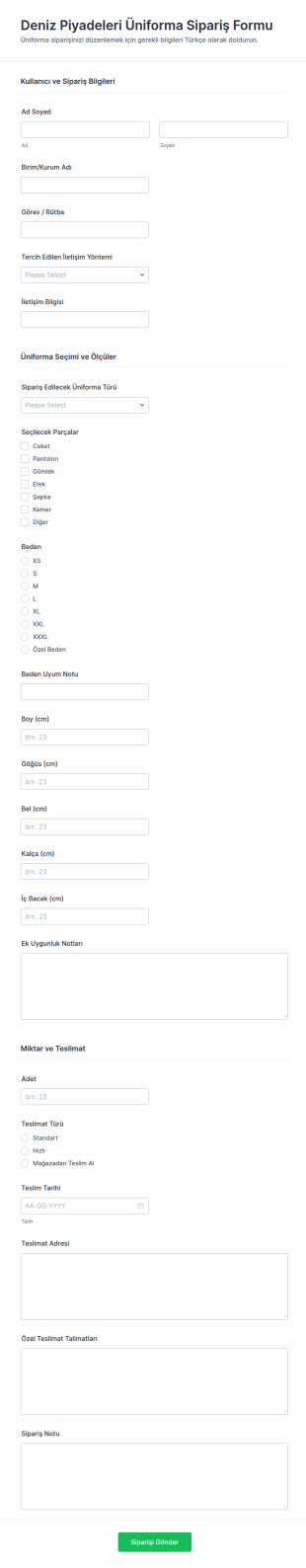 Türk Silahlı Kuvvetleri Üniforma Sipariş Form Şablonu