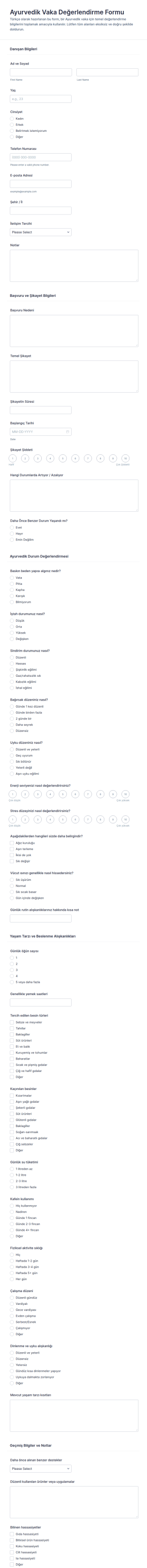Türkçe Ayurvedik Vaka Tanı Formu 📝 Form Şablonu
