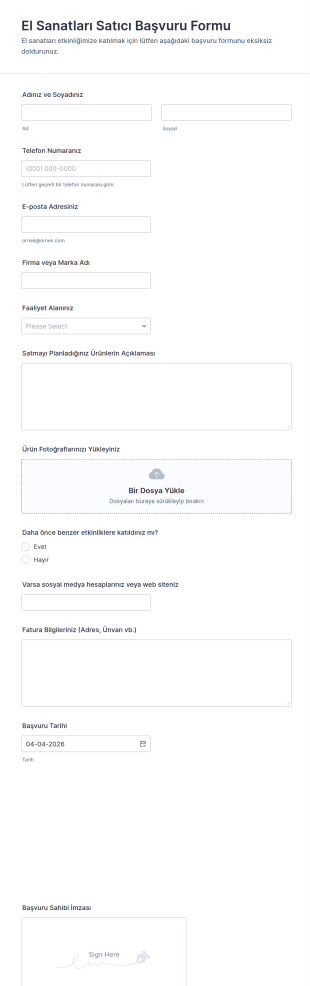 Türkçe El Sanatçı Satıcı Başvuru Formu 🎨📝 Form Şablonu