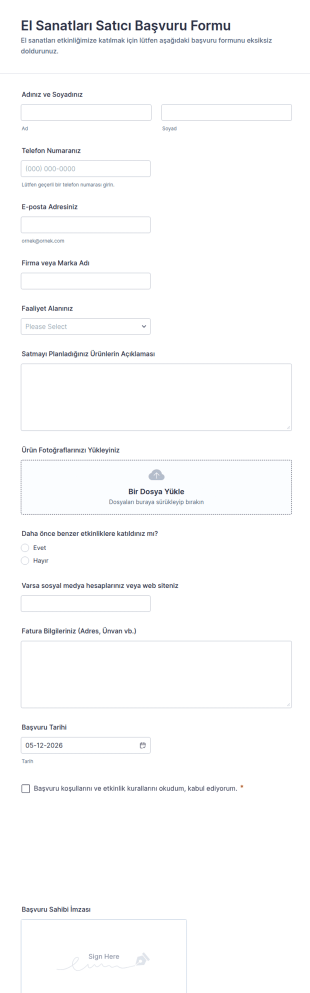 Türkçe El Sanatçı Satıcı Başvuru Formu 🎨📝 Form Şablonu