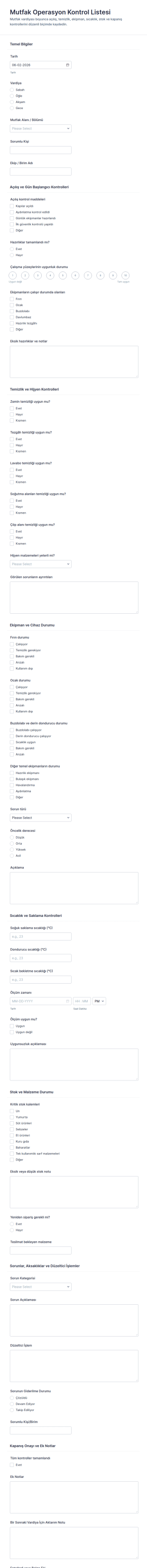 Türkçe İşletme İşleyiş Kontrol Listesi Form Şablonu