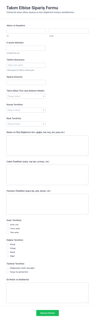 Takım Elbise Sipariş Form Şablonu