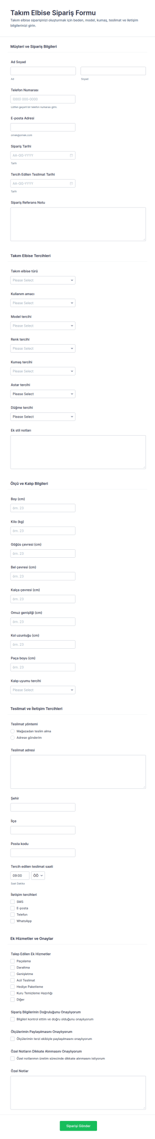 Takım Elbise Sipariş Form Şablonu