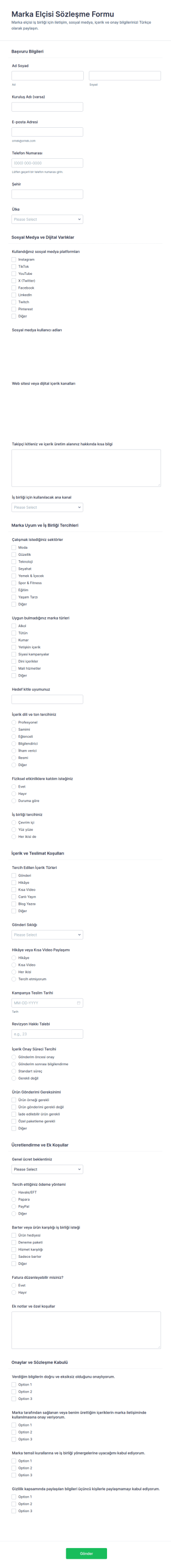 Türkçe Marka Elçisi Sözleşmesi Form Şablonu