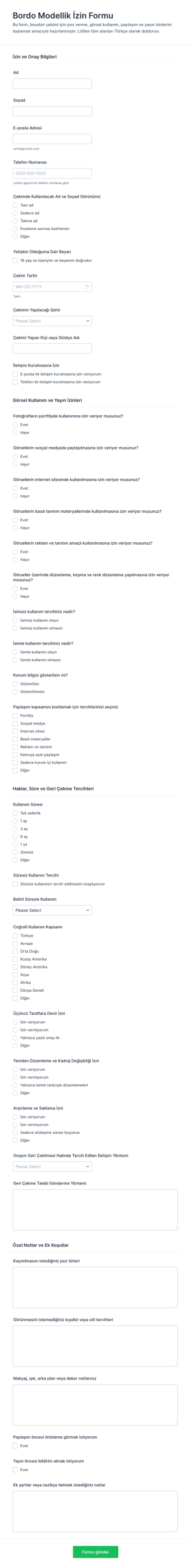Türkçe Model Serbest Bırakma Form Şablonu