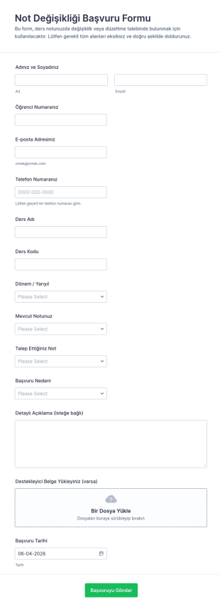 Türkçe Not Ortalaması Değişikliği Form Şablonu