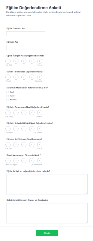 Türkçe Öğrenci Dersi Değerlendirme Anketi Form Şablonu