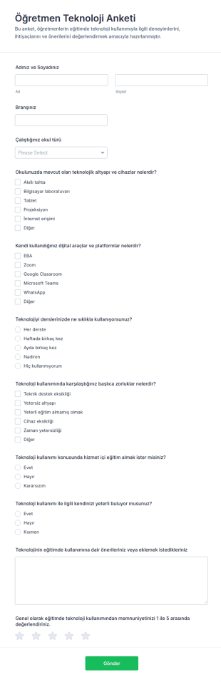 Türkçe Öğretmen Teknoloji Anketi Form Şablonu