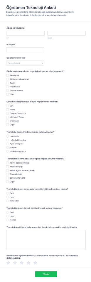 Türkçe Öğretmen Teknoloji Anketi Form Şablonu