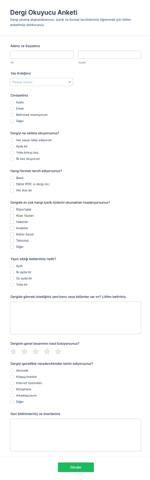 Türkçe Okuyucu Anketi Form Şablonu