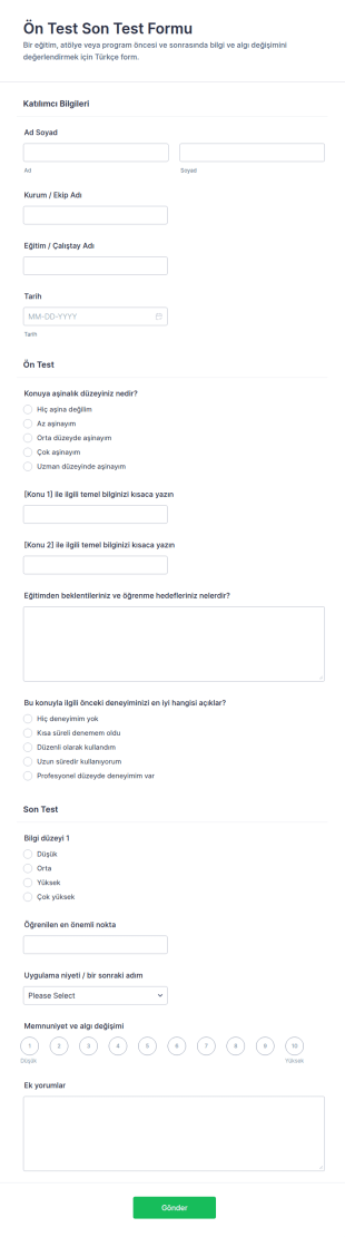 Türkçe Ön Ve Son Test Form Şablonu