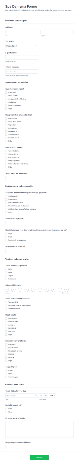 Türkçe Spa Danışma Form Şablonu