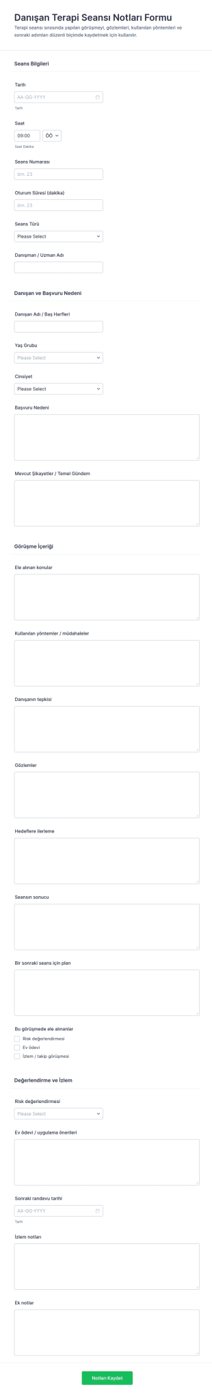 Türkçe Terapi Oturumu Notları Formu 🎗️ Form Şablonu