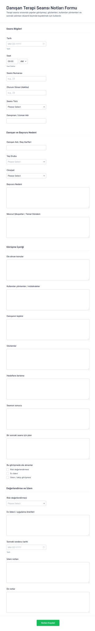 Türkçe Terapi Oturumu Notları Formu 🎗️ Form Şablonu