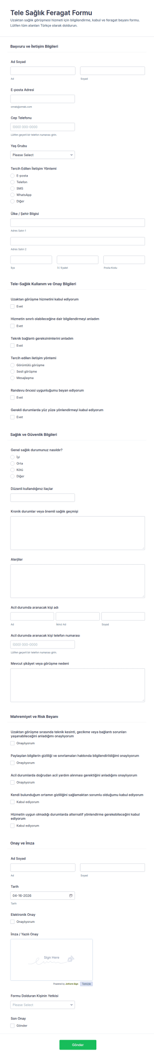 Türkiye Telehealth Feragatname Form Şablonu