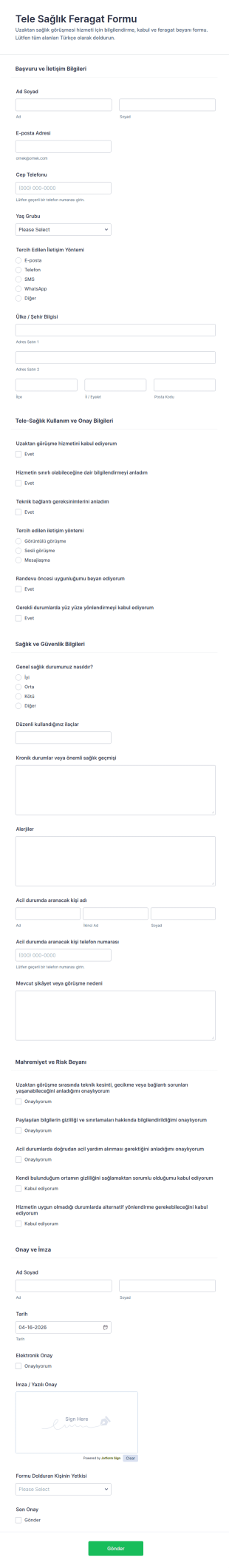 Türkiye Telehealth Feragatname Form Şablonu