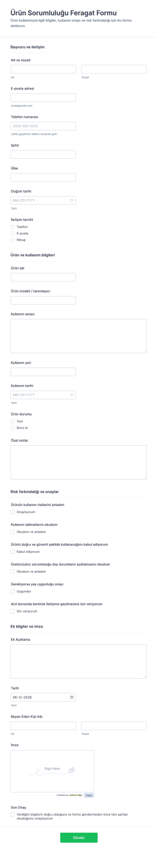 Türkiye Ürün Sorumluluk Feragatname Form Şablonu