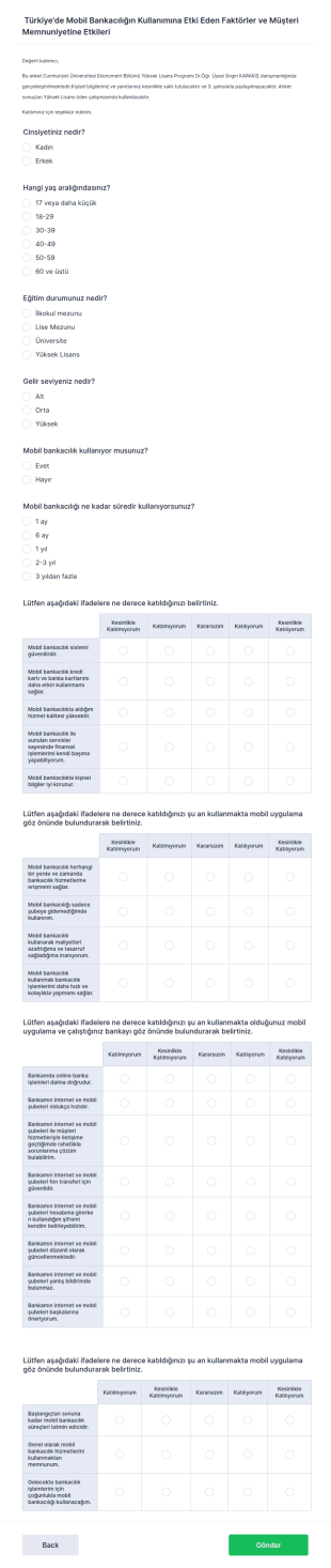 Mobil Bankacılık Müşteri Memnuniyet Anketi Form Şablonu