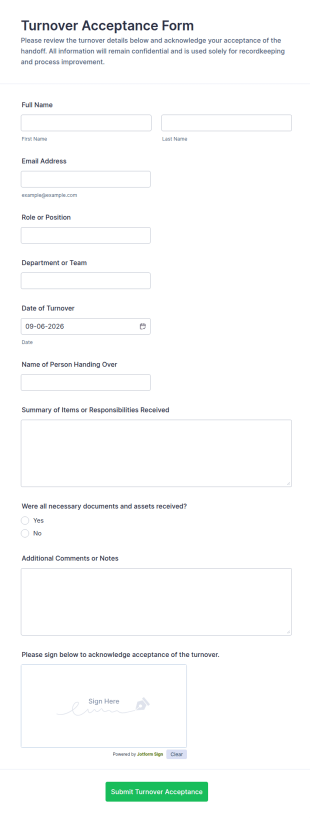 Turnover Acceptance Form Template