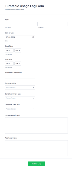 Turntable Usage Log Form Template