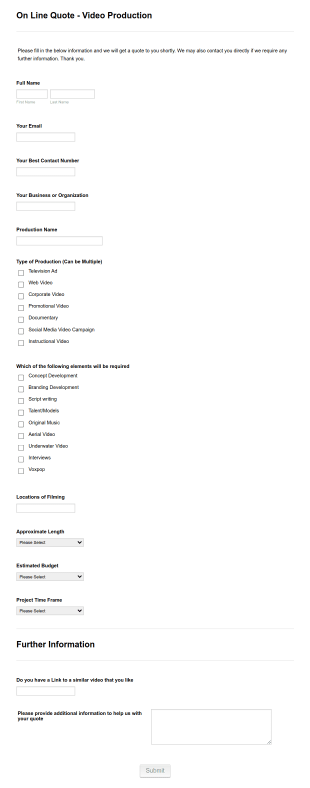 Turtle Films On Line Quote Form Template