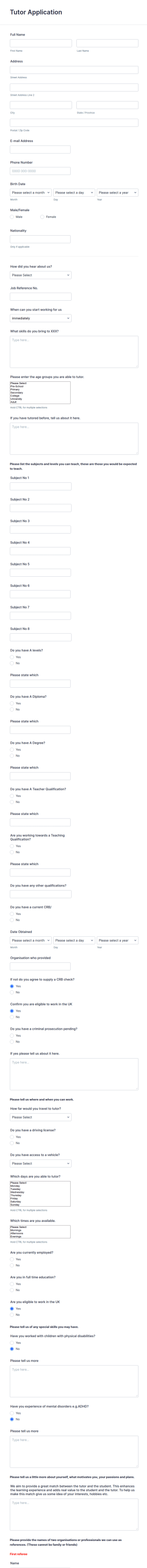 Tutor Application Form Template
