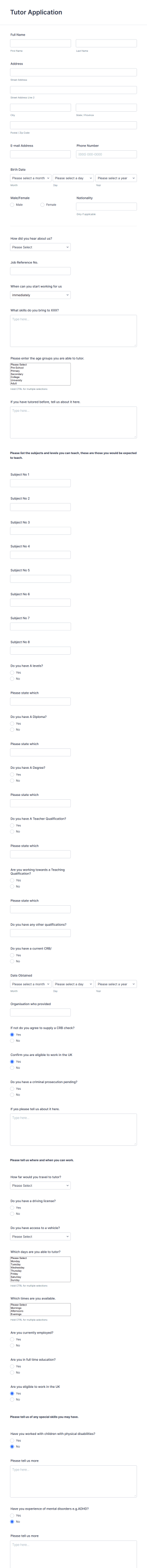 Tutor Application Form Template