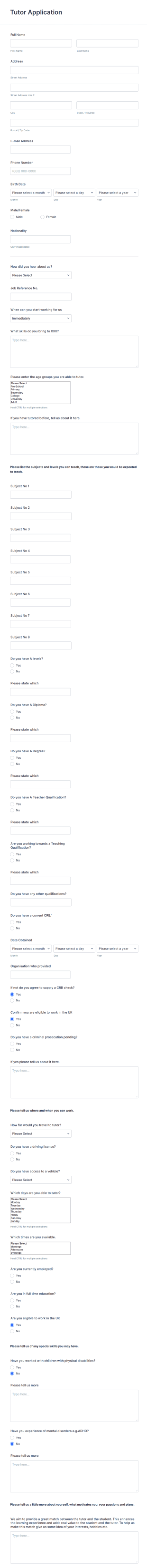 Tutor Application Form Template