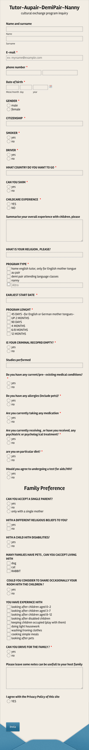 Au Pair Demipair Nanny Application Form Template