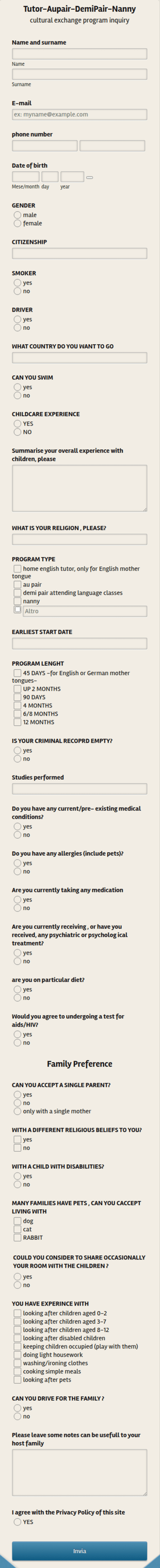 Au Pair Demipair Nanny Application Form Template