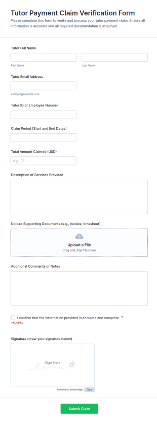 Tutor Payment Claim Verification Form Template