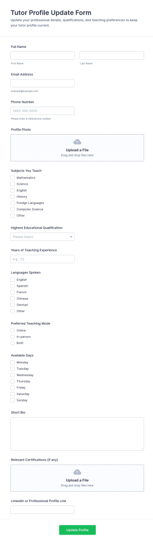 Tutor Profile Update Form Template