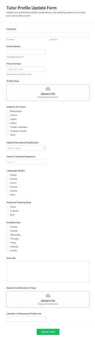 Tutor Profile Update Form Template