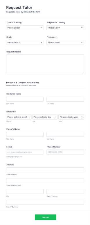 Tutor Request Form Template