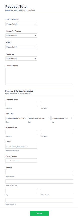 Tutor Request Form Template