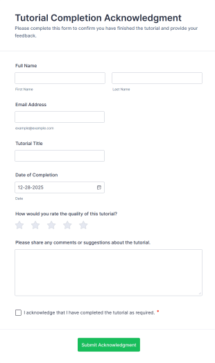 Tutorial Completion Acknowledgment Form Template