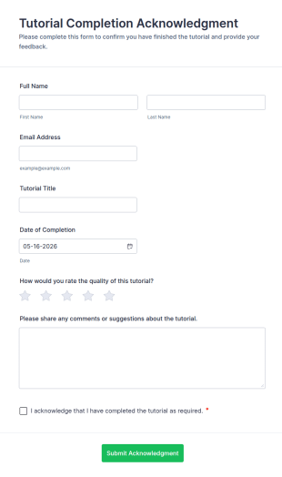 Tutorial Completion Acknowledgment Form Template