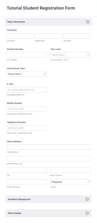 Tutorial Student Registration Form Template