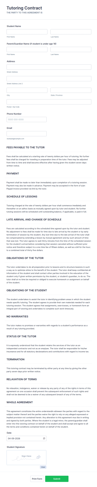 Tutoring Contract Form Template