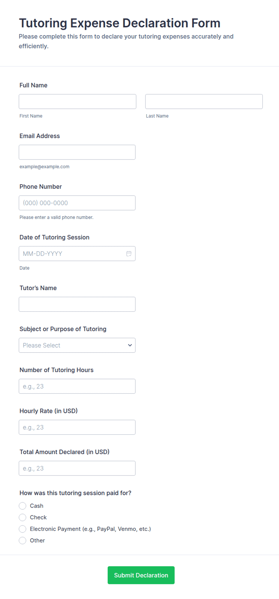Booking Declaration Form Tutoring Expense Declaration Form Template | Jotform