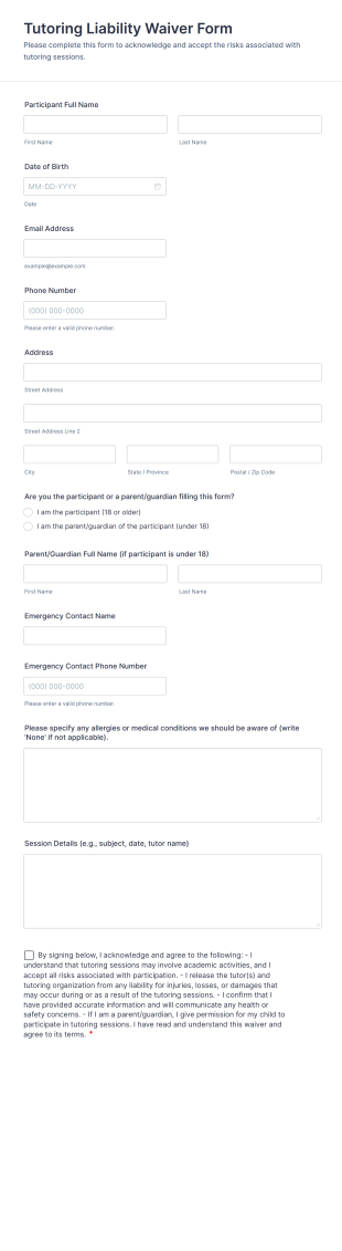 Tutoring Liability Waiver Form Template